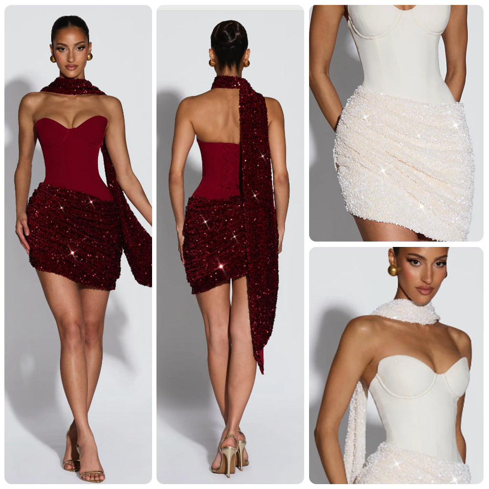 Glamorous women's sequin mini dress with a bustier top, perfect for parties, cocktails, and special occasions.