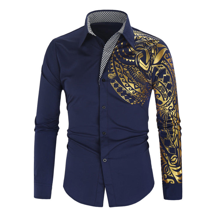 Vibrant exotic print long sleeve men's shirt, complete with a stylish contrast collar for a unique look.