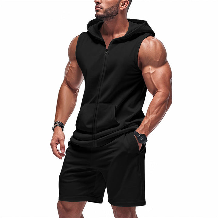 Stylish men's athletic set, featuring a short-sleeve hooded top & matching shorts with pockets for versatility.