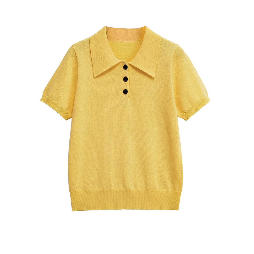 Summer-ready women's slim fit knit polo top, short sleeve, offering casual chic and comfort.