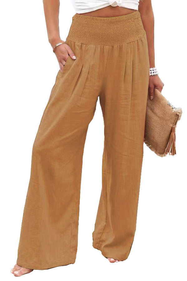 Women's wide leg trousers, elastic waist, comfy and flowy for a relaxed spring or summer vibe.