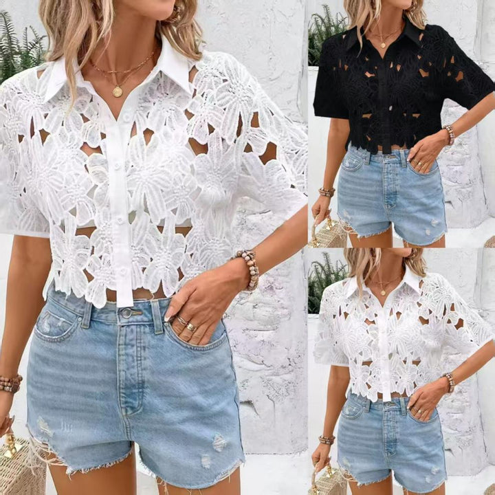 Women's elegant floral crochet blouse with short sleeves, perfect for summer casual wear or beach style.