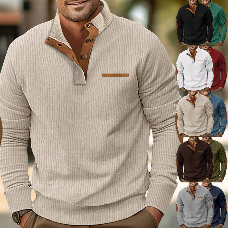 Stylish men's full zip sweater, black knit with faux leather trim, contemporary winter wear.