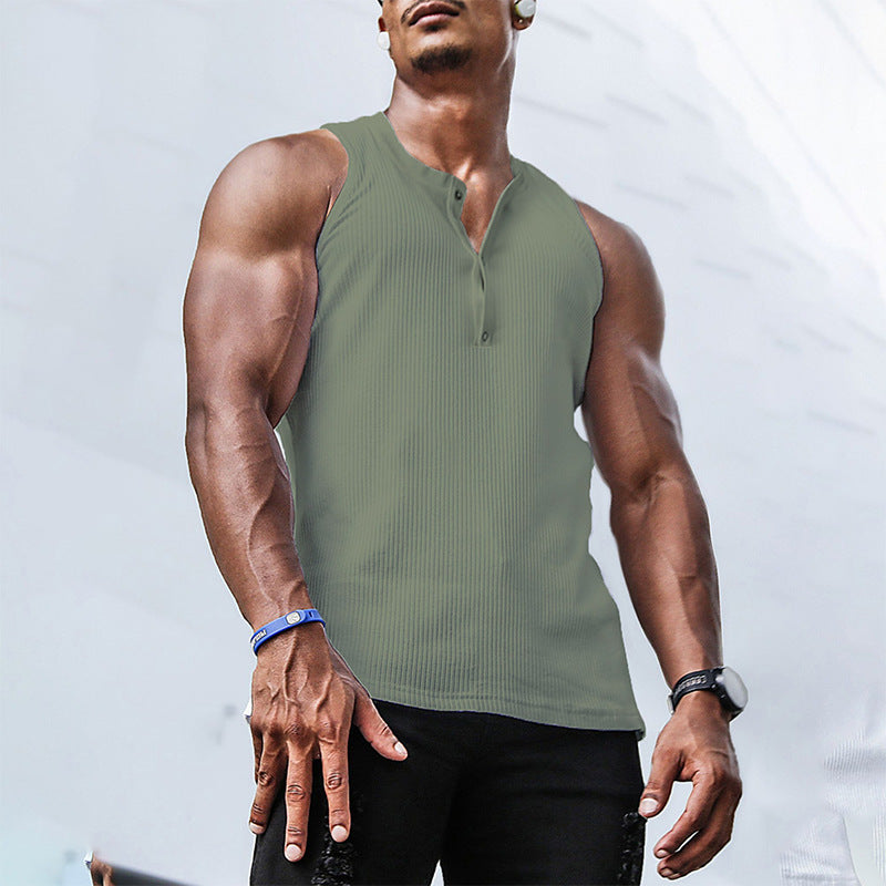 Summer men's tank top, athletic and breathable. Features a modern button placket, great for active use.