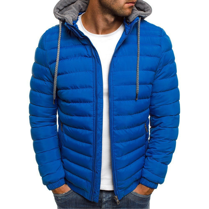 Front view of men's slim-fit lightweight quilted jacket, dark color, with a stand collar and removable hood.