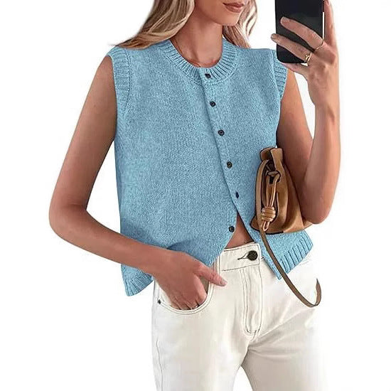 Women's casual knitted vest with round neck and button placket. Sleeveless, versatile layering top for chic everyday style.