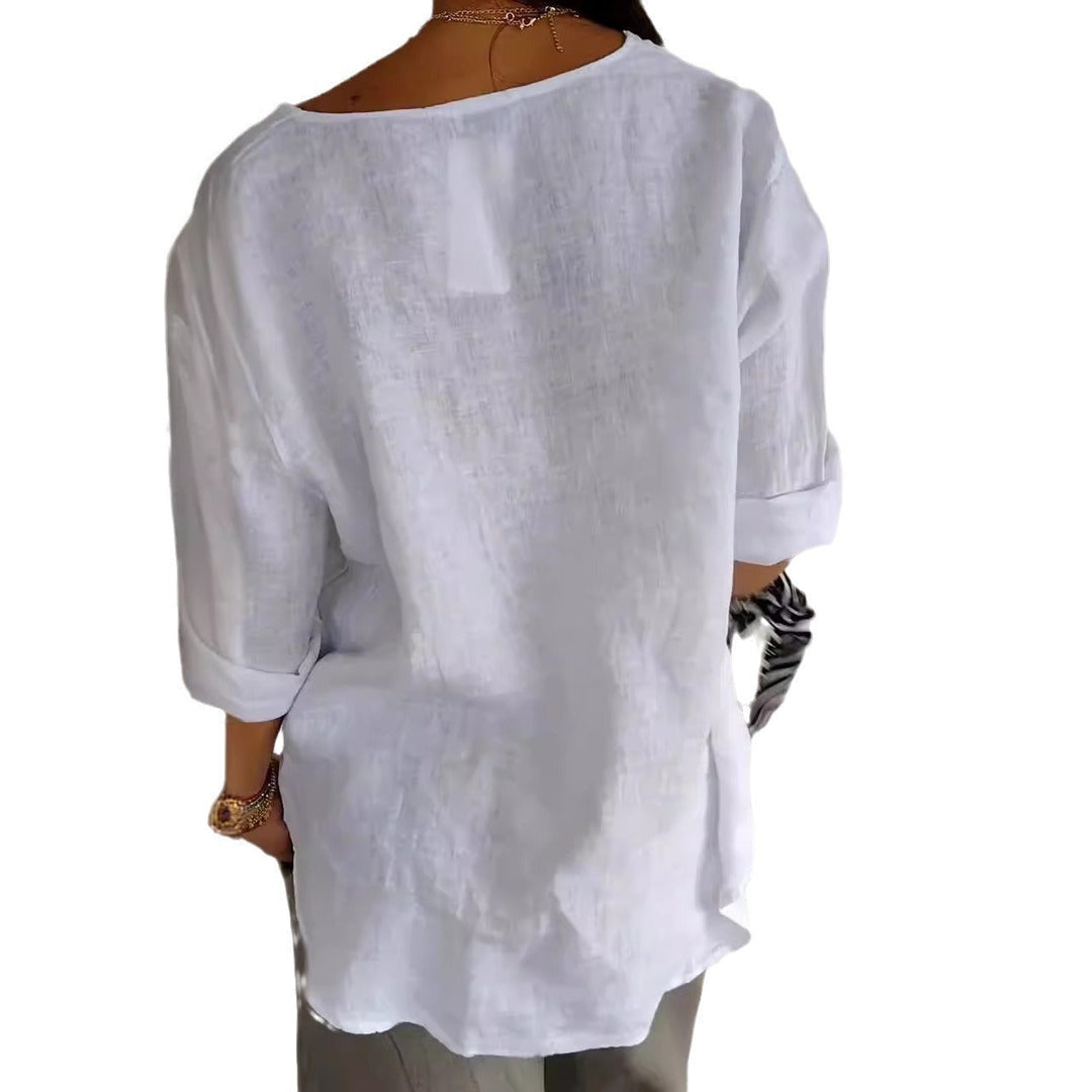 Women's comfortable button-front blouse. Airy, relaxed fit, versatile casual top for everyday wear.