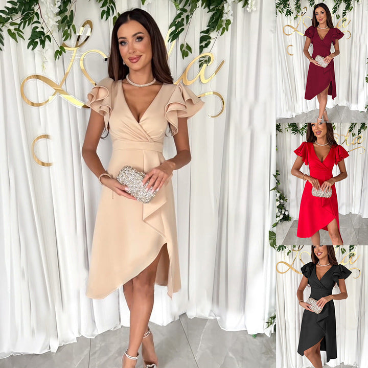 Elegant women's flutter sleeve wrap dress, perfect for cocktail parties & special occasions. Chic short design.
