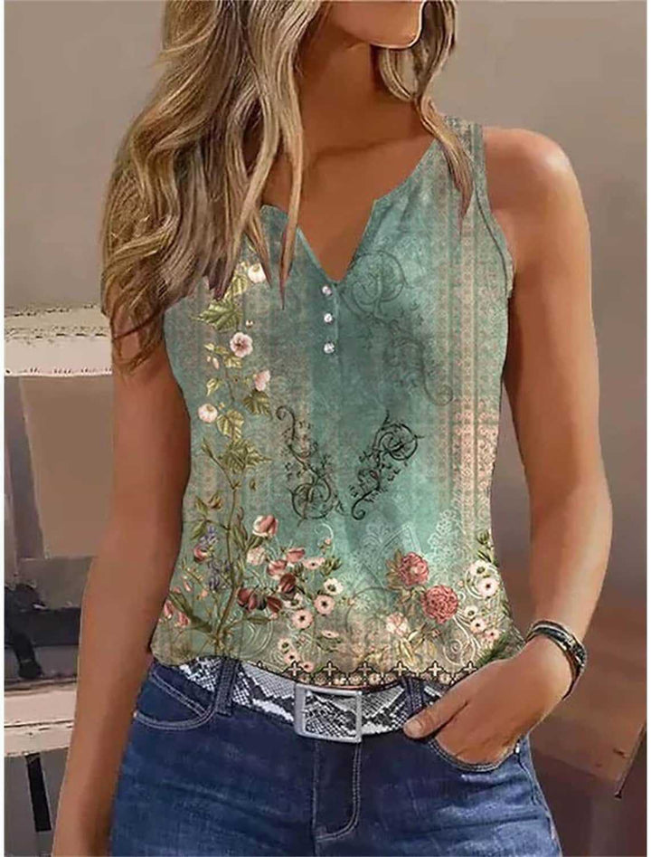 Stylish women's sleeveless V-neck top, a chic tank with beautiful floral accents for an elegant look.