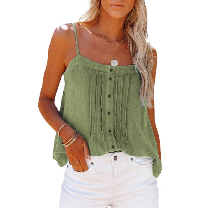 Womens checkered spaghetti strap tank top with fashionable button details. Ideal for warm weather style.