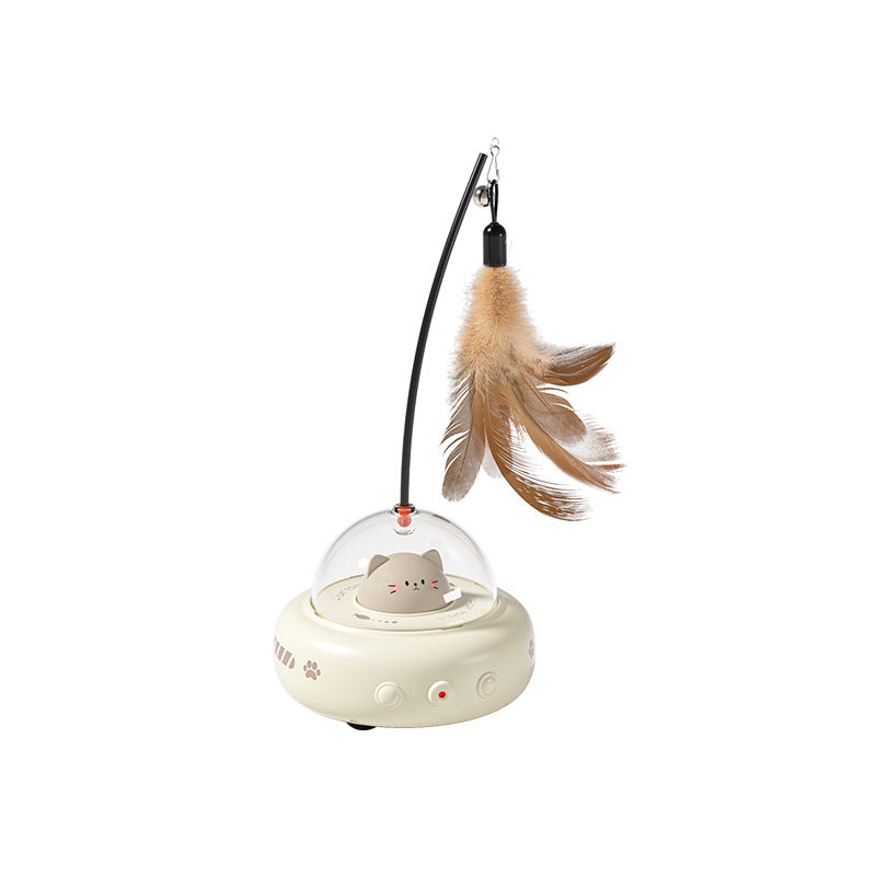 Multi-functional cat toy: UFO base, rotating laser & feather wand for ultimate interactive fun & mental stimulation.