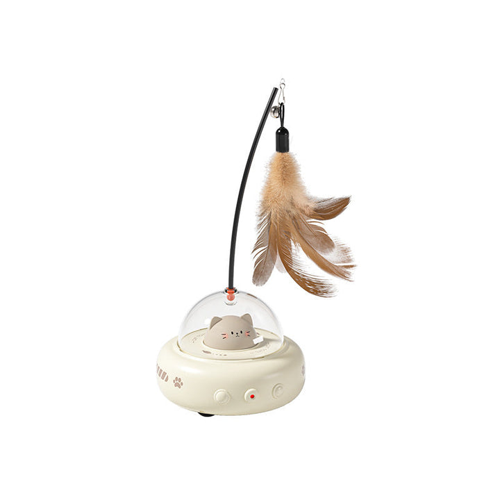Multi-functional cat toy: UFO base, rotating laser & feather wand for ultimate interactive fun & mental stimulation.