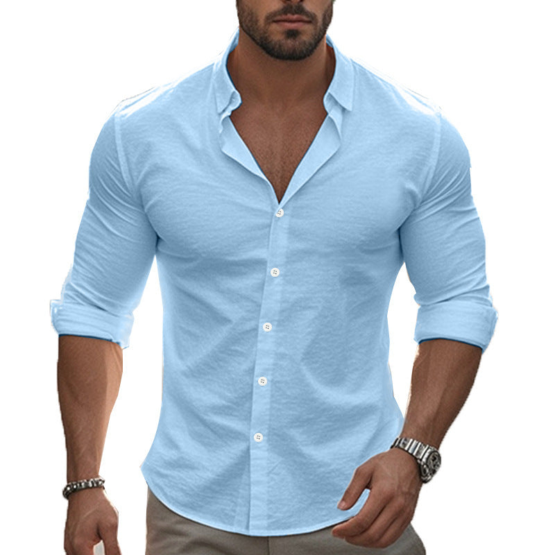 Versatile men's long sleeve button-down shirt, modern collar, ideal for casual & business outfits.