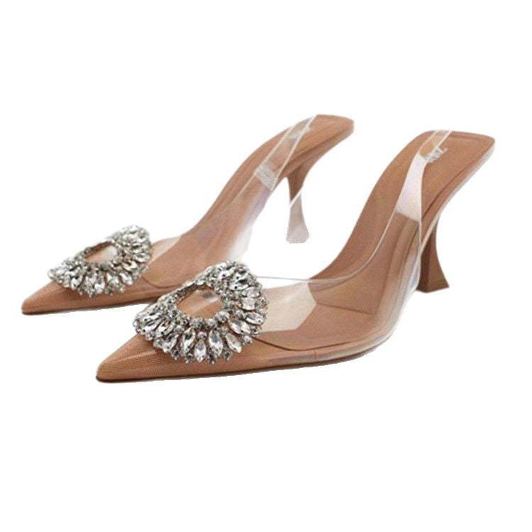 Clear PVC pumps for women, elegant high heels with sparkling rhinestone jewel, ideal for formal fashion.
