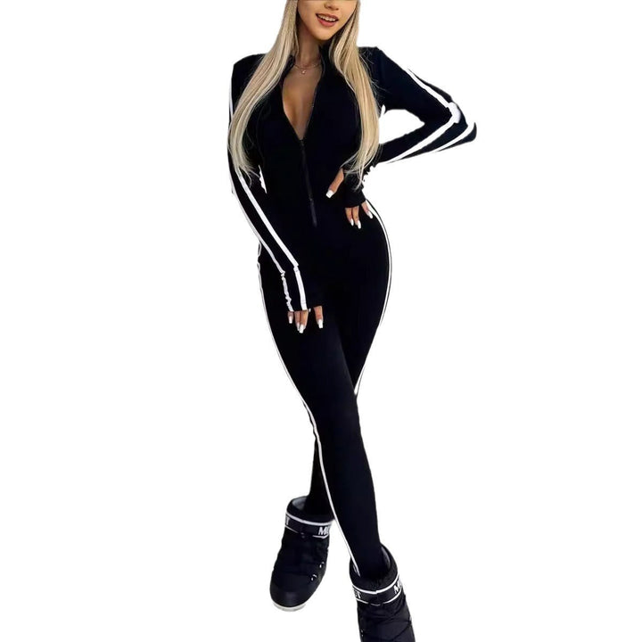 Versatile women's sporty striped long sleeve bodysuit, great for workouts or everyday fashion.