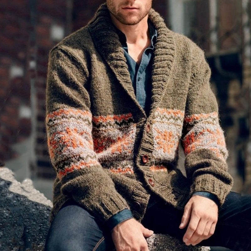 Warm men's high collar knitted jacket. Features a distinctive colorful pattern, offering stylish comfort for winter wear.