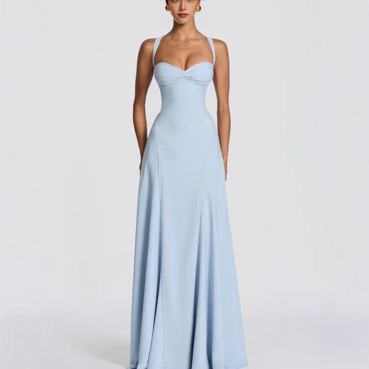 Beautiful women's evening gown with flowing maxi skirt & heart neckline. A stylish choice for summer parties.