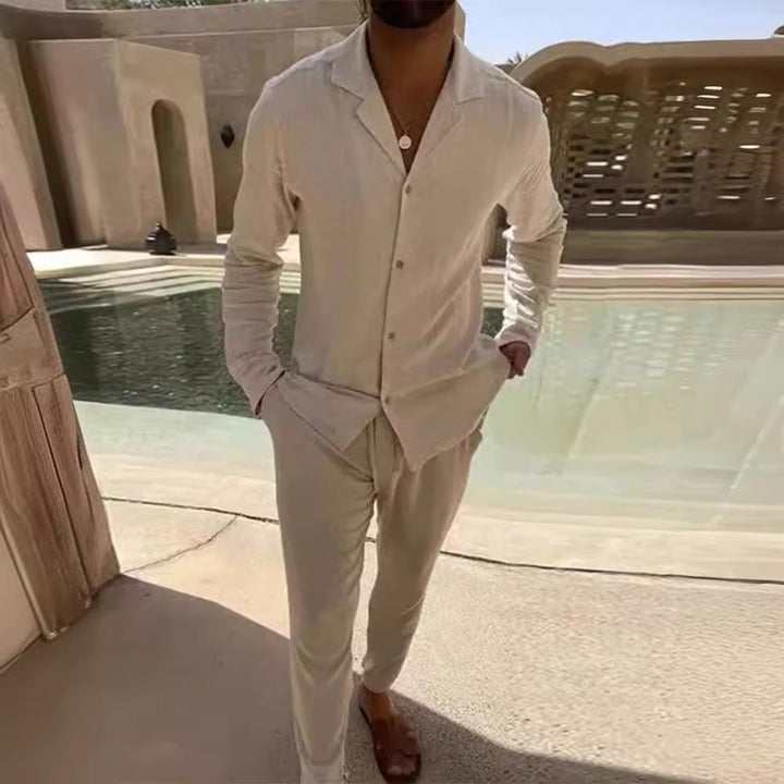 Men's Timeless Long Sleeve Shirt & Fitted Trouser Set. Comfortable two-piece for casual men's fashion.