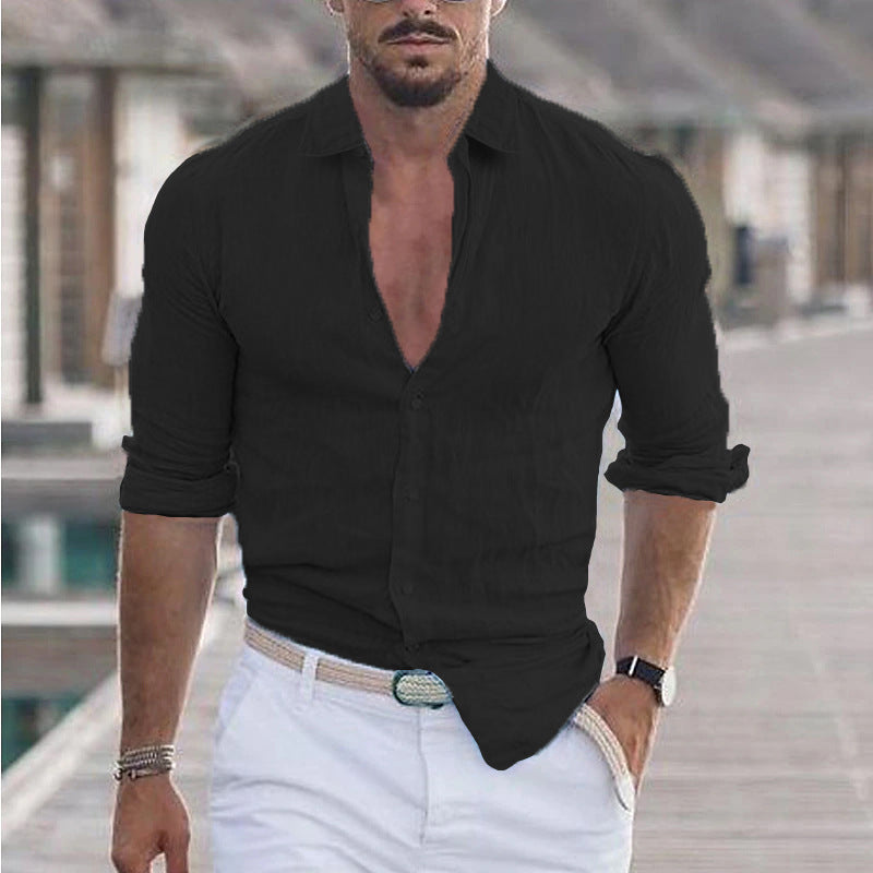 Front view of a sleek men's lightweight summer shirt, featuring full button-up closure.