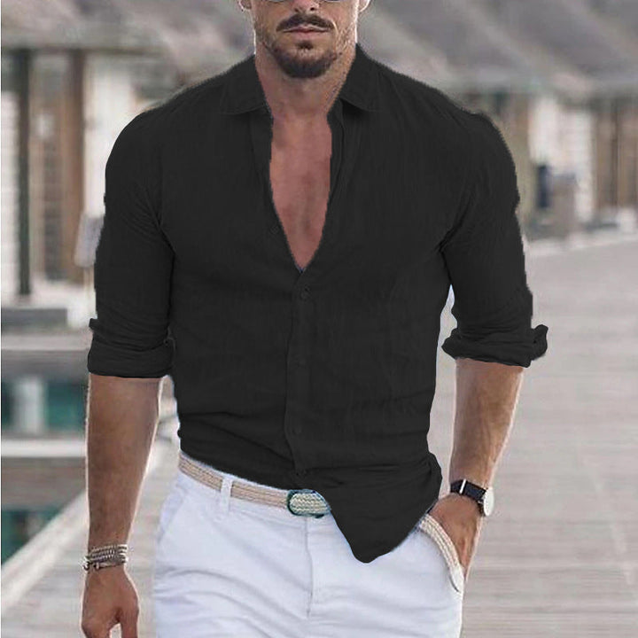 Front view of a sleek men's lightweight summer shirt, featuring full button-up closure.