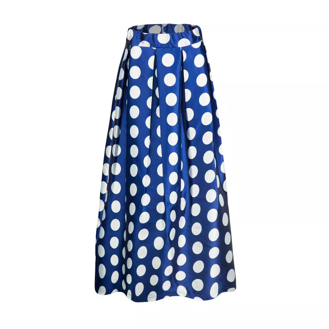 Elegant women's polka dot A-line midi skirt, chic and flattering vintage style for sophisticated fashion.