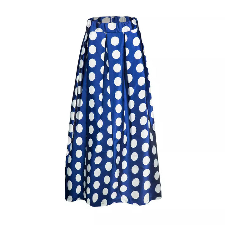 Elegant women's polka dot A-line midi skirt, chic and flattering vintage style for sophisticated fashion.
