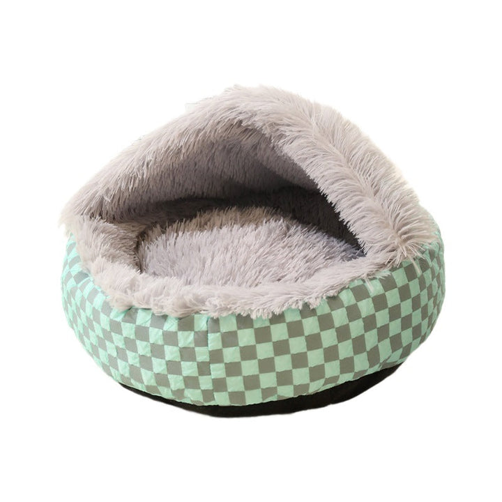Soft plaid cat bed cave, a warm and inviting hideaway for cats; essential pet supplies.