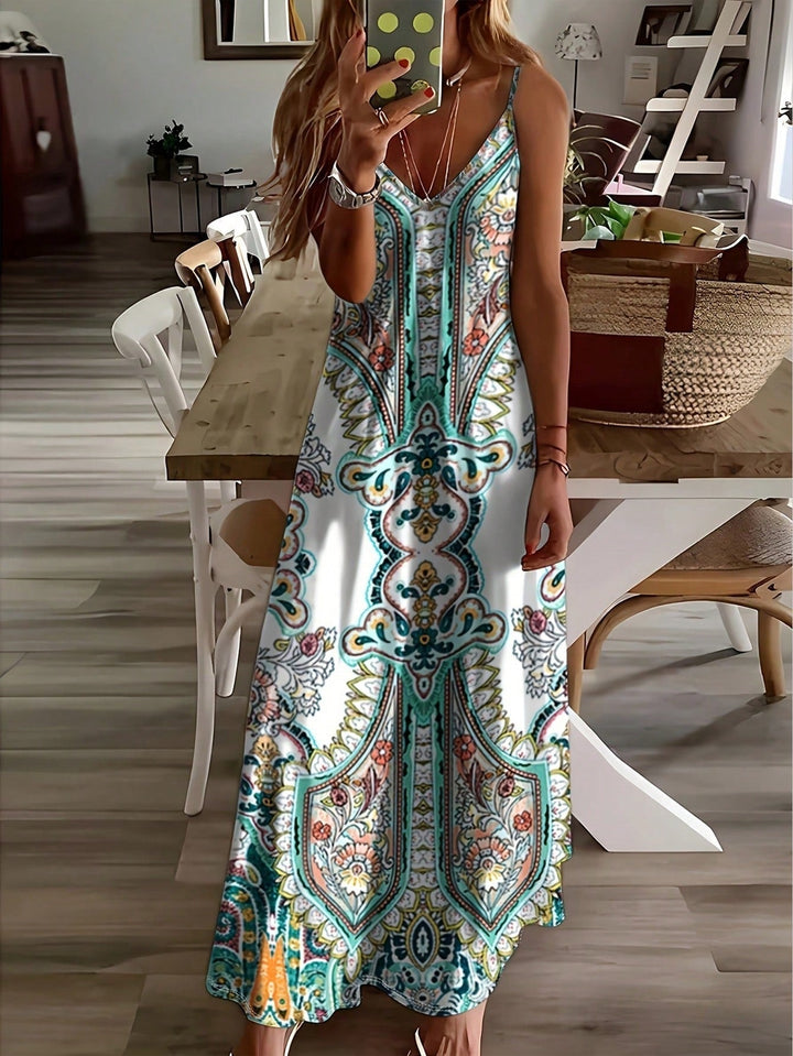 Versatile women's paisley V-neck maxi dress, ideal for elegant bohemian summer outfits or casual everyday wear.