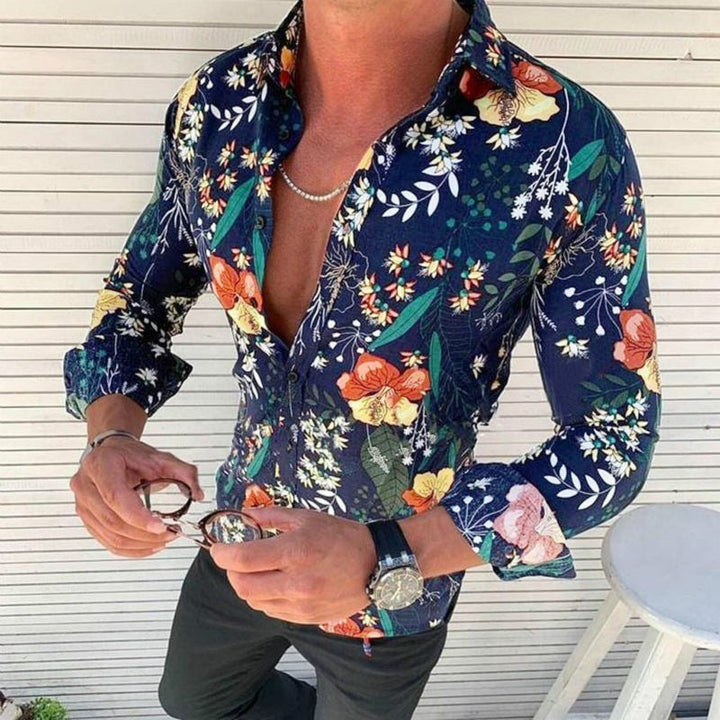 Stylish men's long sleeve shirt with vibrant floral design, perfect for modern fashion & smart casual events.