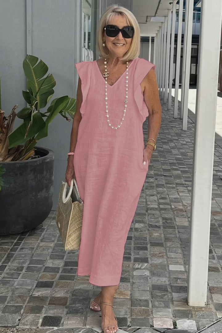Black casual sleeveless maxi dress for women, perfect for summer vacation, with an elegant flowy V-neck design.