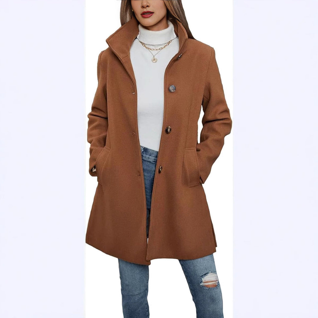 Elegant women's high-collar long coat with practical pockets, ideal for chic winter outerwear.