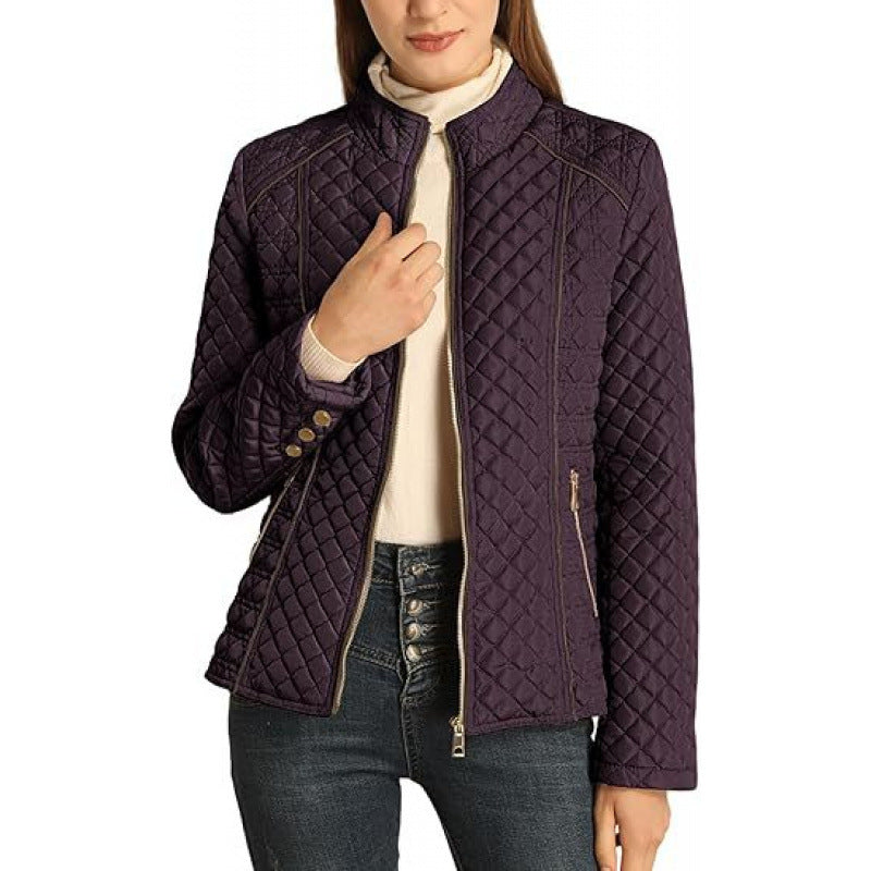 Quilted high-collar puffer jacket for women, a must-have casual piece for any fall wardrobe.