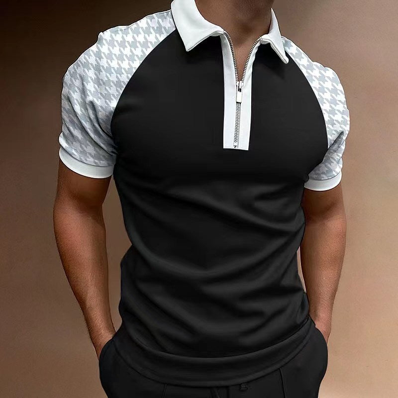 Close-up of men's performance half-zip polo with contrast zipper, ribbed collar, and breathable fabric detail.