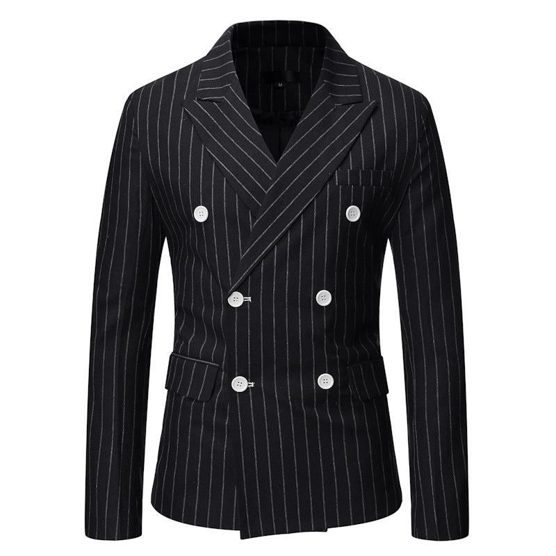 Men's slim fit striped double-breasted blazer, a tailored jacket for business or formal events.