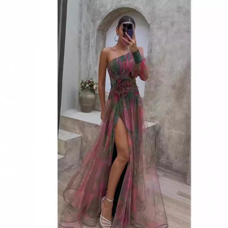 Sophisticated women's asymmetric floral evening dress, a long one-shoulder gown for elegant party wear.
