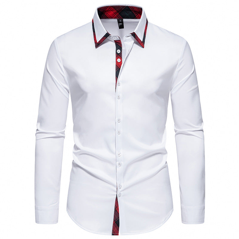 Classic men's long-sleeve casual shirt, button-up design. Stylish menswear with an eye-catching checkered collar.