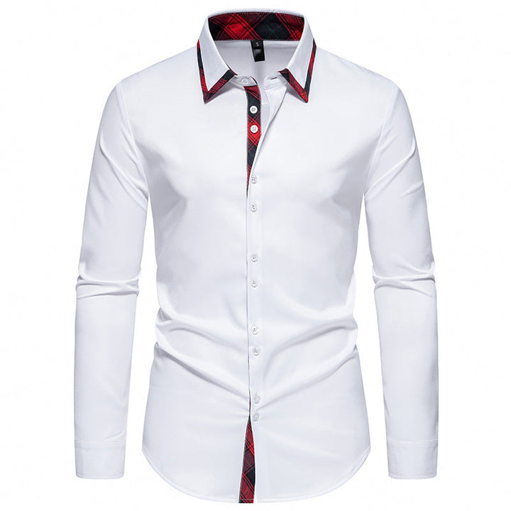 Classic men's long-sleeve casual shirt, button-up design. Stylish menswear with an eye-catching checkered collar.