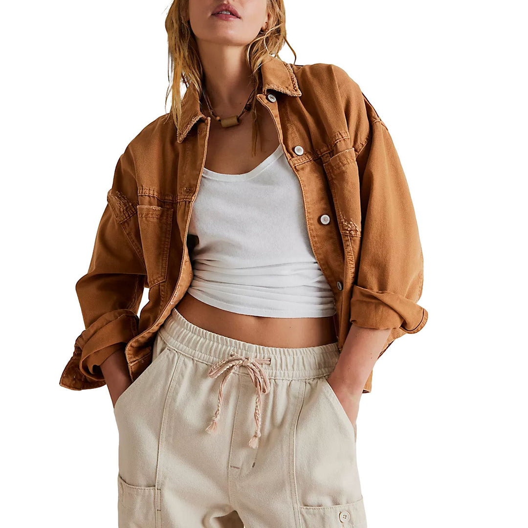 Versatile orange oversized jacket for women, a comfy fashion outerwear piece for fall/spring layering.