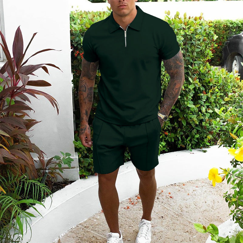 Modern men's summer leisure outfit, a comfortable two-piece zip-up polo and shorts set.