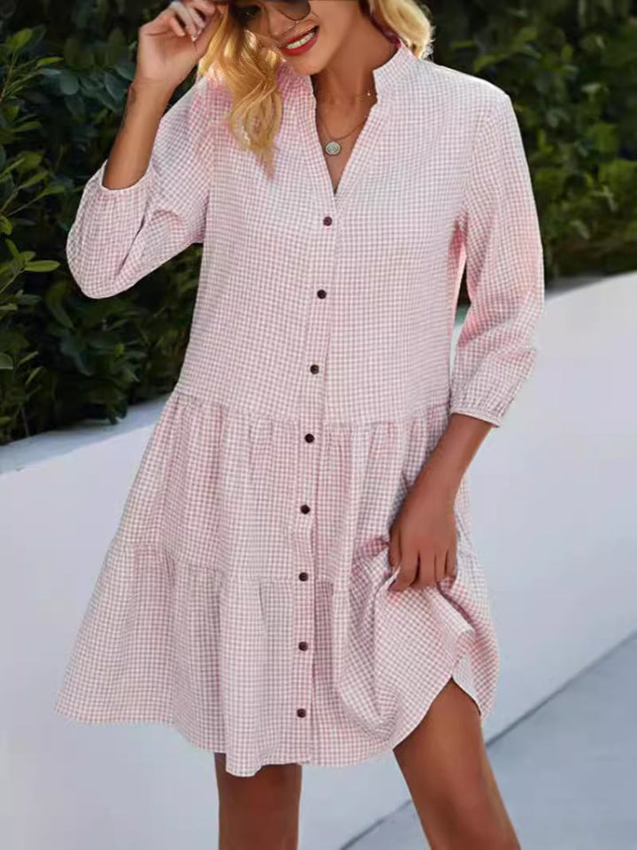 Full-length view of the elegant women's high neck checkered midi dress, perfect for sophisticated casual wear.