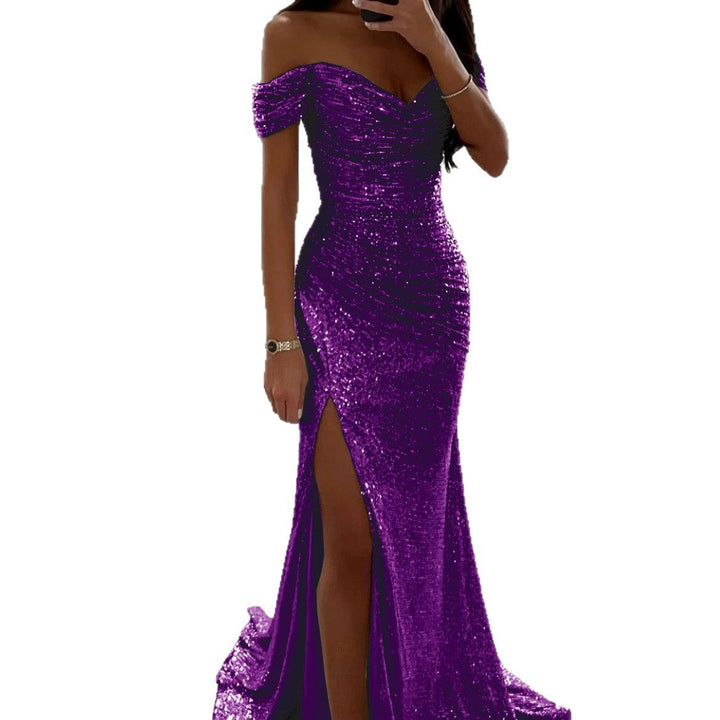 Off-shoulder sequin bodice on a women's elegant evening dress, flowing maxi skirt with a slit.