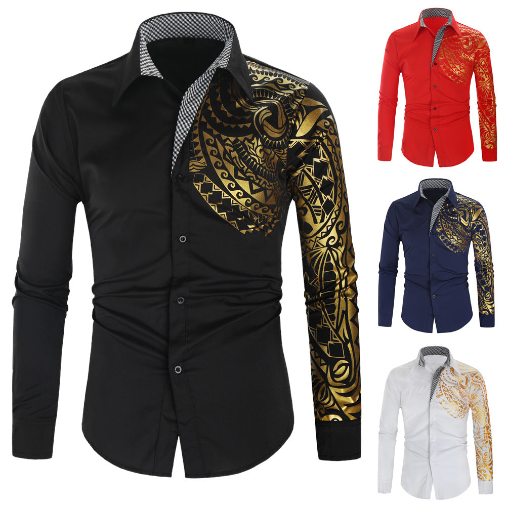 Men's exotic print long sleeve shirt with a stylish contrast collar, ideal for casual elegance.