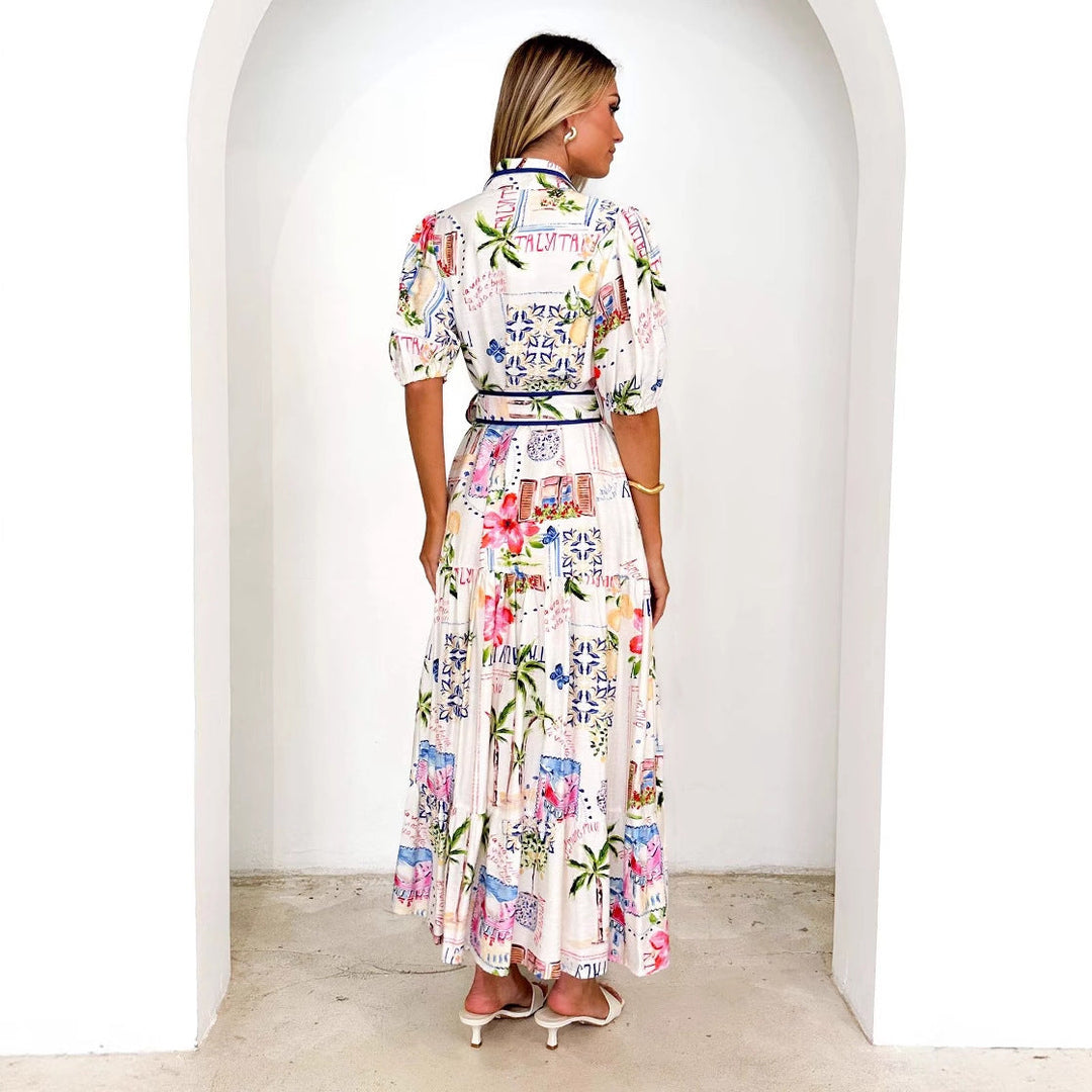 Elegant women's floral print maxi dress, flowy and airy, ideal for beach outings or stylish summer casual wear.