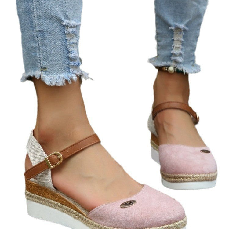Fashionable women's summer wedge sandals with adjustable woven straps & non-slip sole.