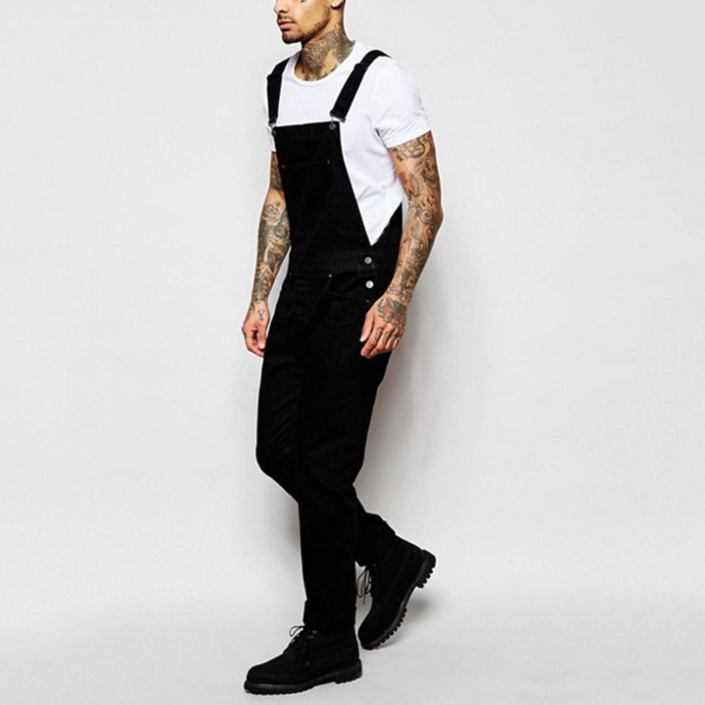 Stylish men's modern fit black casual overalls with adjustable straps, perfect for comfortable everyday wear.