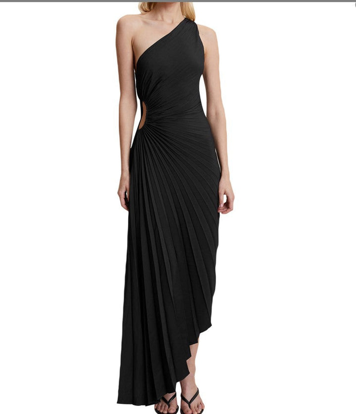 Formal evening midi dress, one-shoulder pleated style for women.