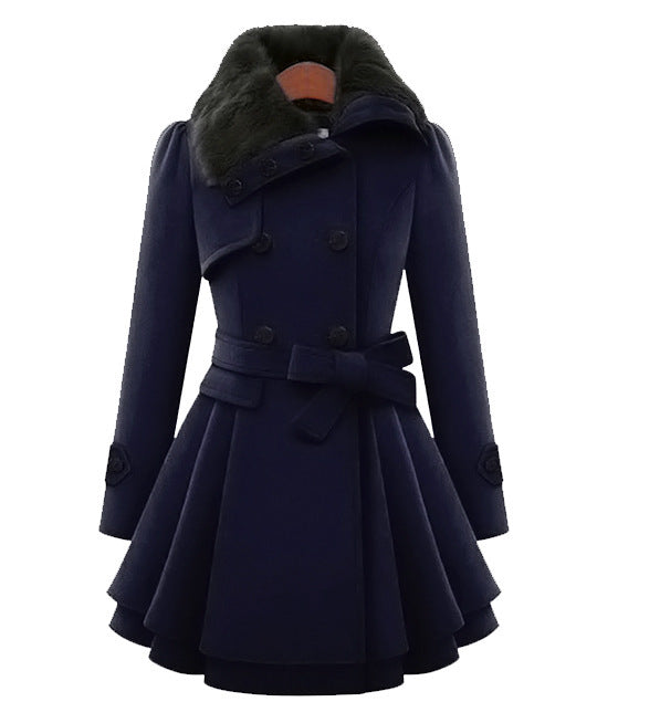 Elegant women's long trench coat, double-breasted with faux fur, a versatile vintage-inspired winter coat.
