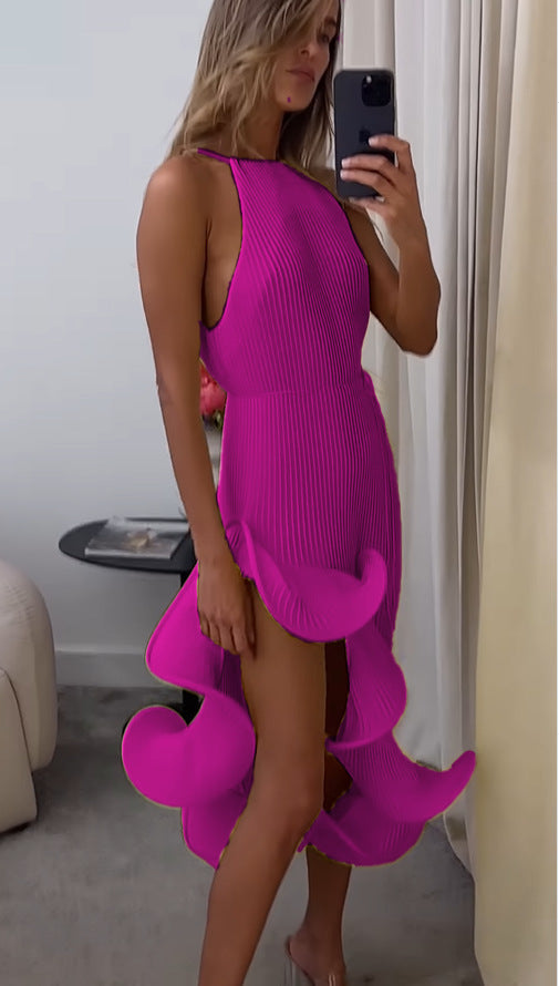 Feminine asymmetrical ruffle maxi dress, featuring a gorgeous pleated skirt for a chic and vibrant summer look.