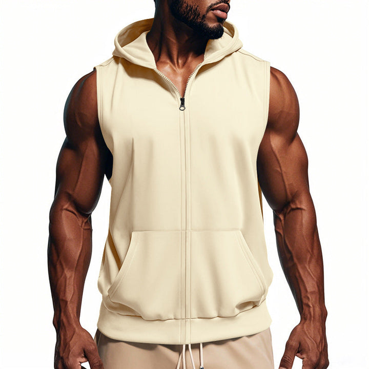 Performance men's full-zip hooded vest for active training and casual athletic wear.