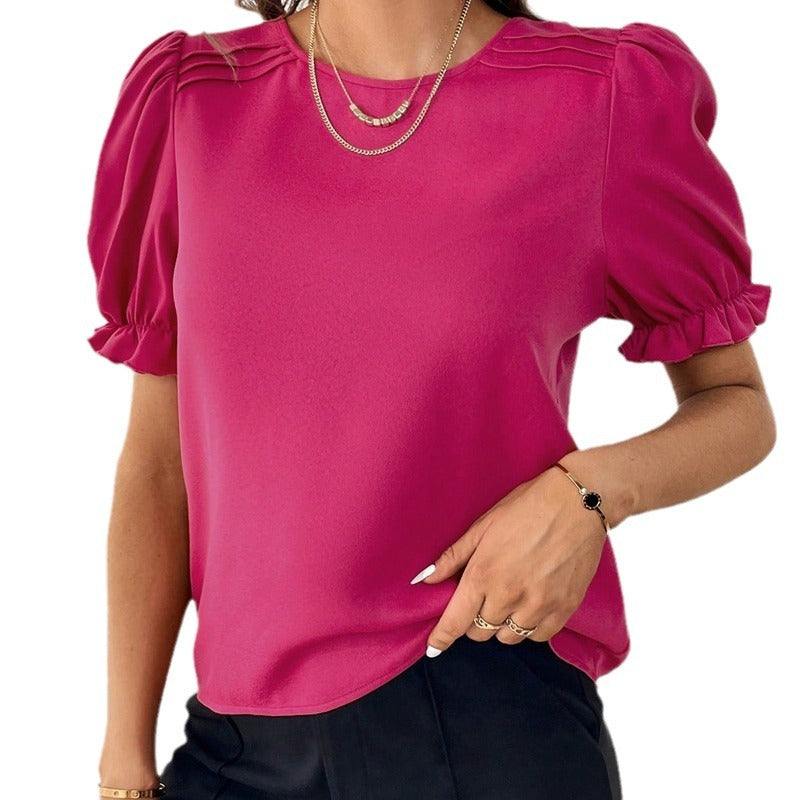 Elegant women's round neck short sleeve blouse top, perfect for spring & summer casual wear.
